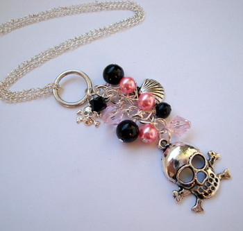 PN062 ‘Pretty Pirate’ charm necklace, with silver charms and pink and black beads on chain