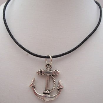 Silver anchor charm necklace on black cord MN003