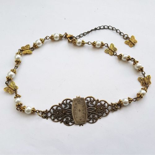 Steampunk Victorian style beaded choker with vintage watch face SN144