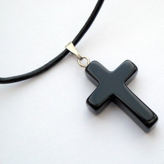 Black onyx cross on leather or cotton cord necklace MN013