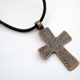 Copper cross on black cord necklace MN014