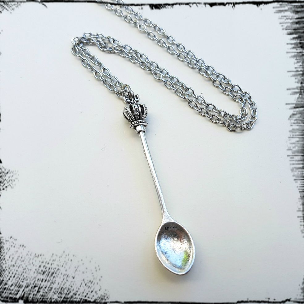 Spoon necklace, silver spoon & crown charm on chain