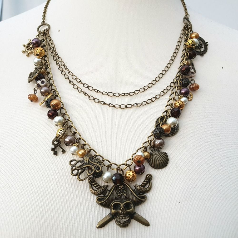 Pirate charm necklace antique bronze layered PN155