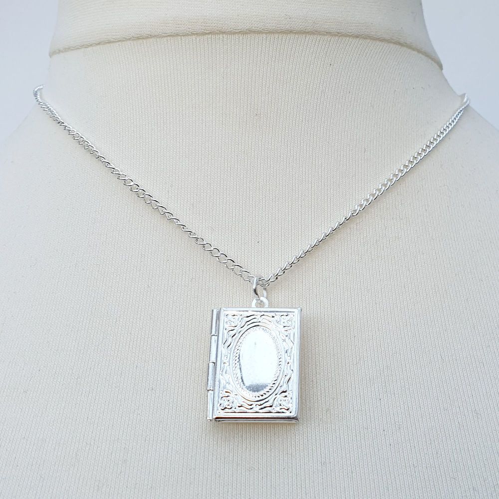 Silver book locket with personalised message
