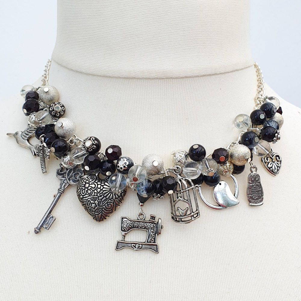 Black and silver statement charm necklace CN084