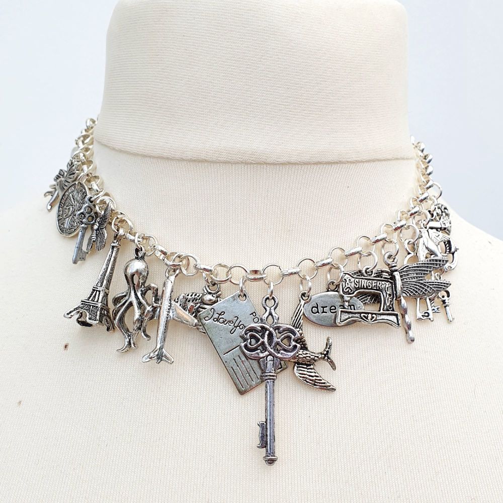 Silver statement charm necklace 21 Charms CN085