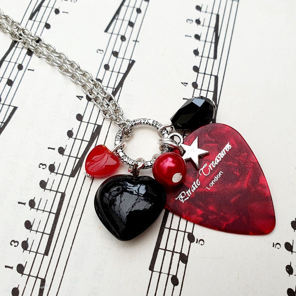 Plectrum cluster charm necklace in red and black on chain