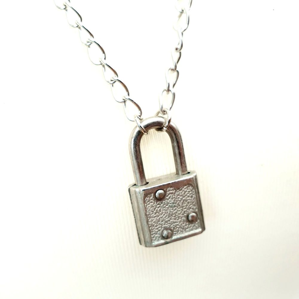 Padlock necklace on chunky silver tone chain