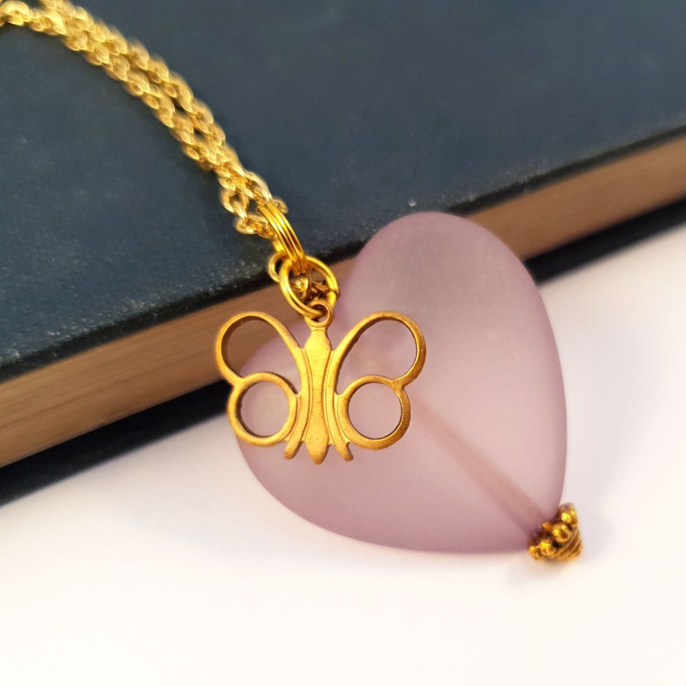 Vintage lilac heart & brass butterfly charm necklace VN016
