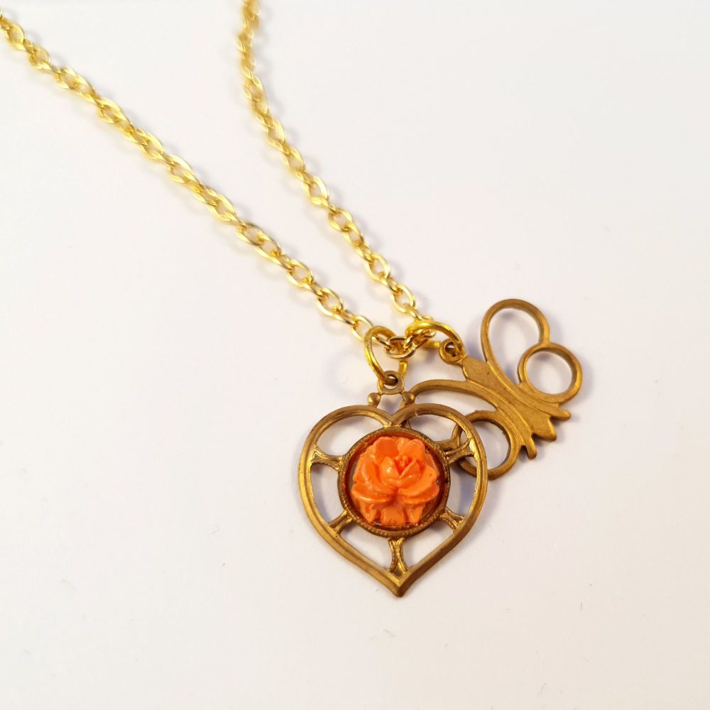 Vintage brass butterfly & rose heart charm necklace VN015