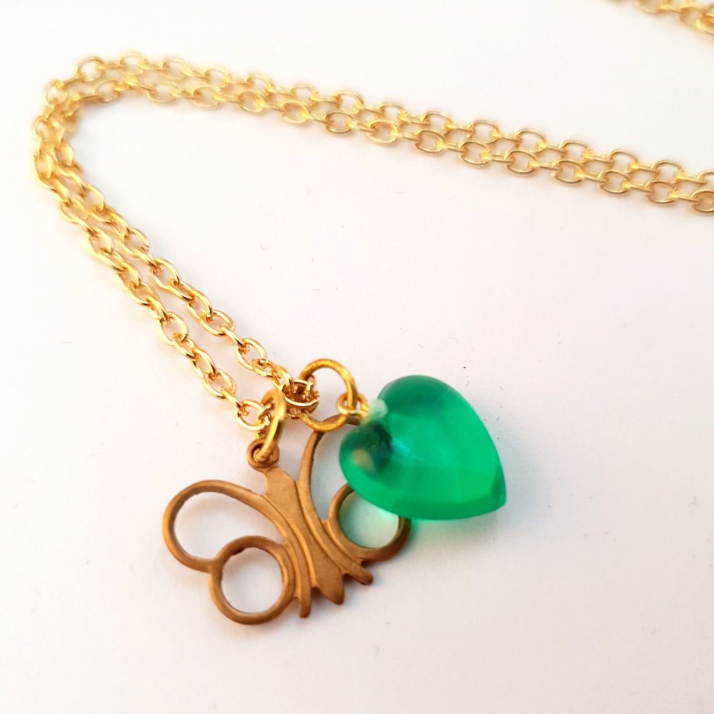 Vintage brass butterfly charm and green heart necklace VN014