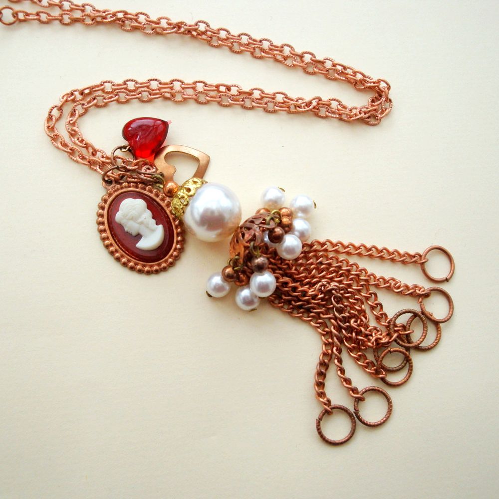 Vintage copper cameo and heart charm tassel necklace VN006