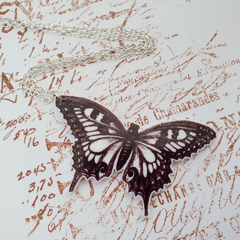Vintage inspired acrylic butterfly illustration charm necklace VN041