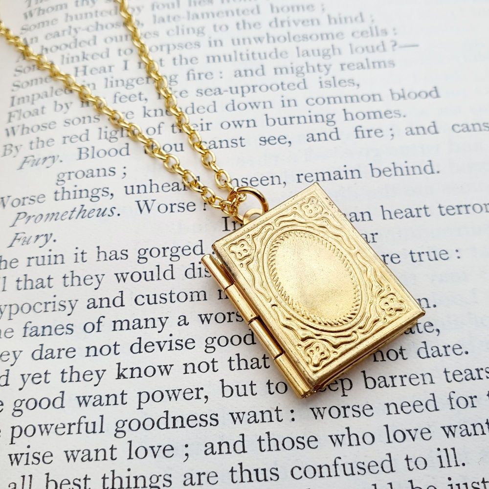 Brass book locket necklace on gold plated chain