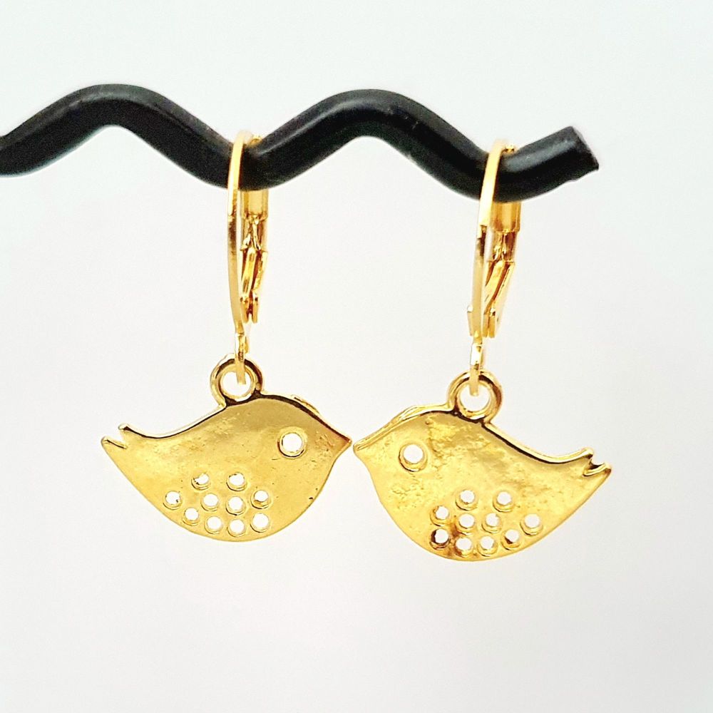 Small huggie hoop earrings with gold bird charm CE029