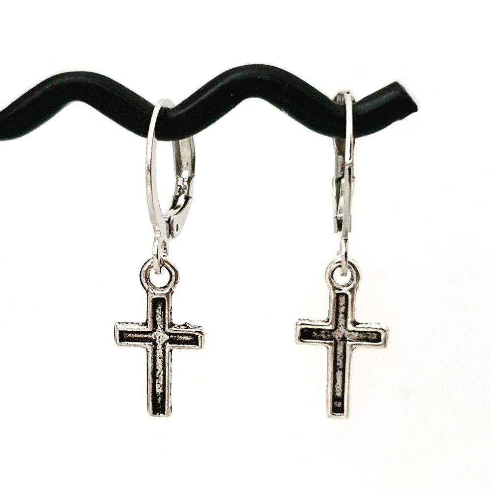 Small huggie hoop earrings with silver cross charm CE027