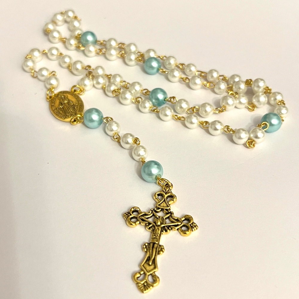 Rosary beaded necklace with ivory & pale blue glass pearl beads