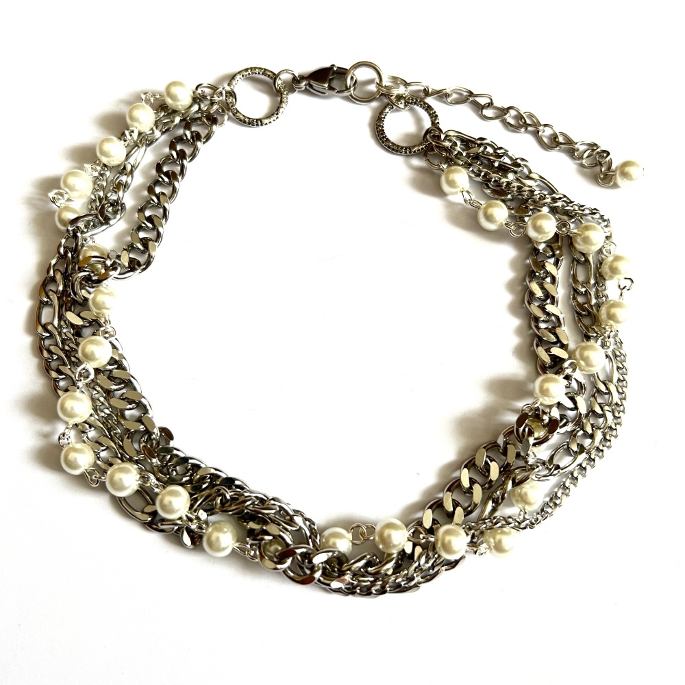 Multi strand stainless steel chain & pearl necklace, statement choker in classy grunge rock style VN131