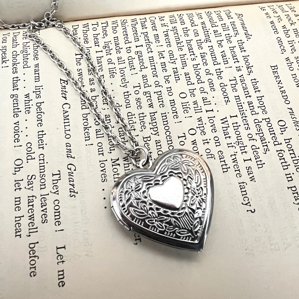 Antique silver tone heart shaped locket, stainless steel necklace on chain,