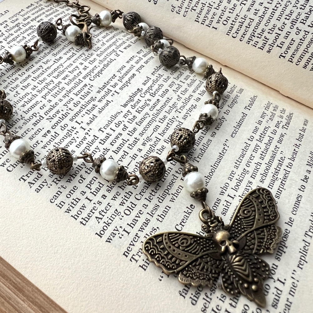 Deaths-head hawkmoth choker necklace with antique bronze filigree and ivory glass pearl beads VN141
