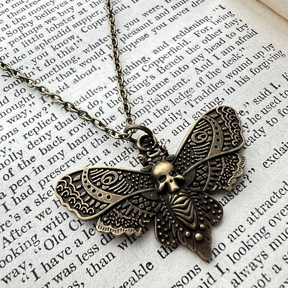 Deaths-head hawkmoth necklace with antique bronze moth charm on chain VN142