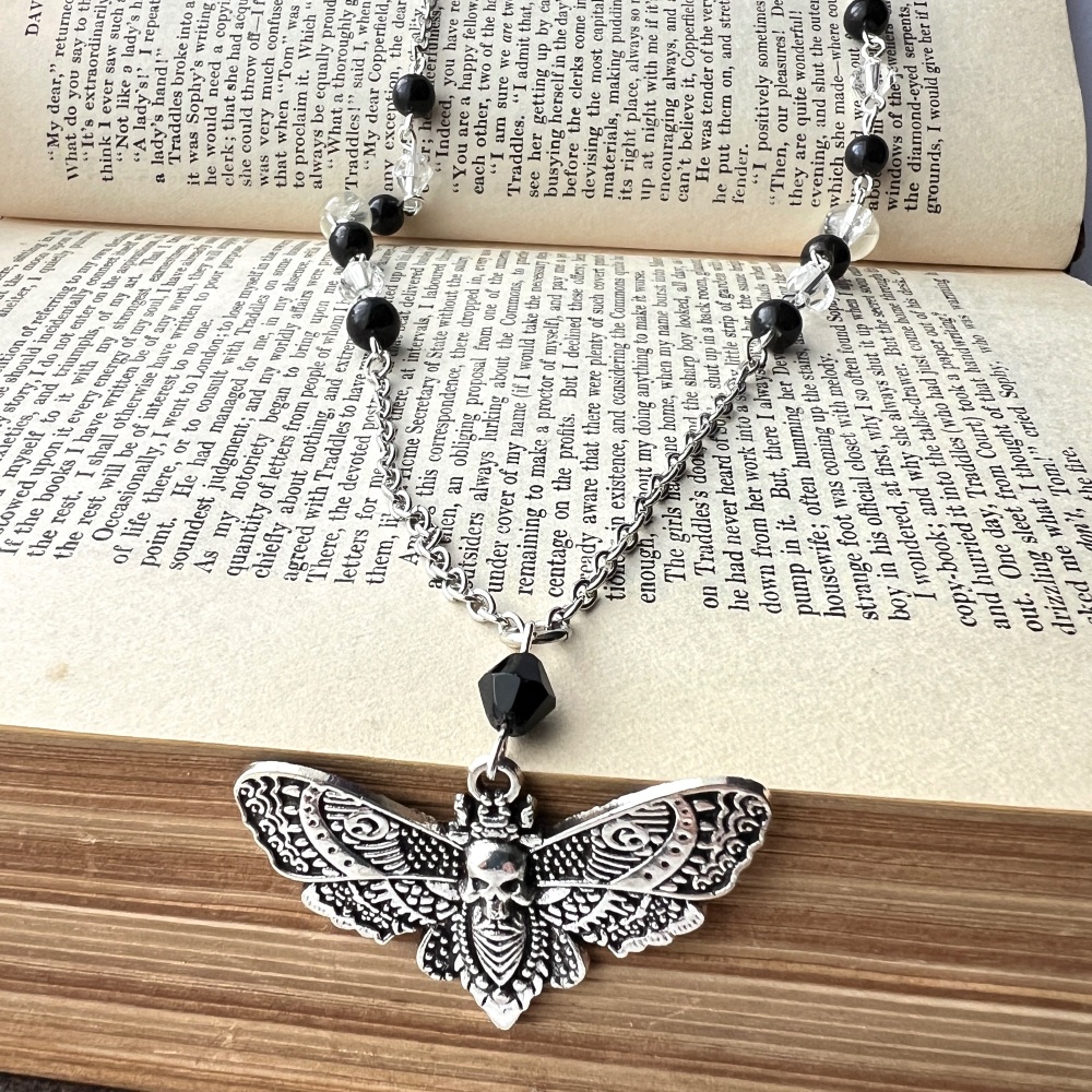 Deaths-head hawkmoth necklace with silver moth charm, black & clear glass beads and chain VN144