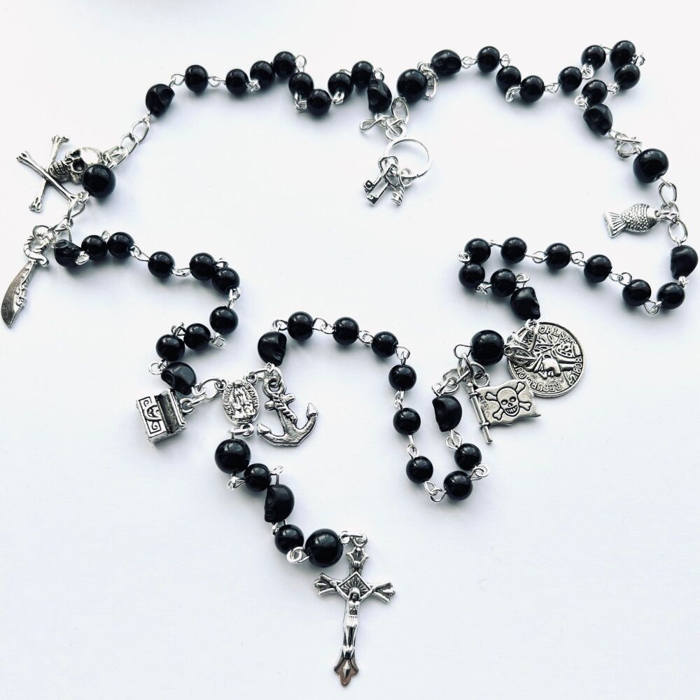 Pirate charms and black skull beads rosary necklace PN156