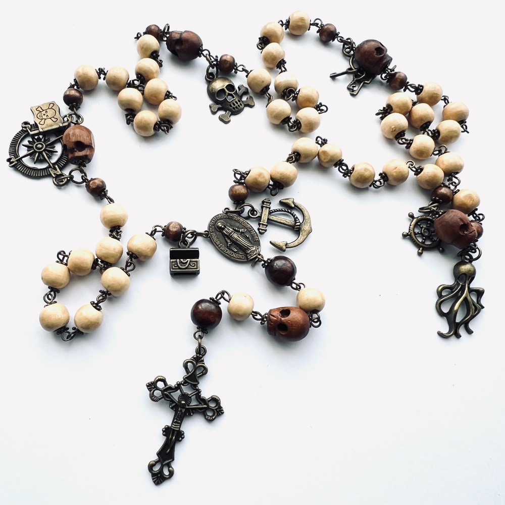 Pirate charms and wooden beads rosary necklace PN157