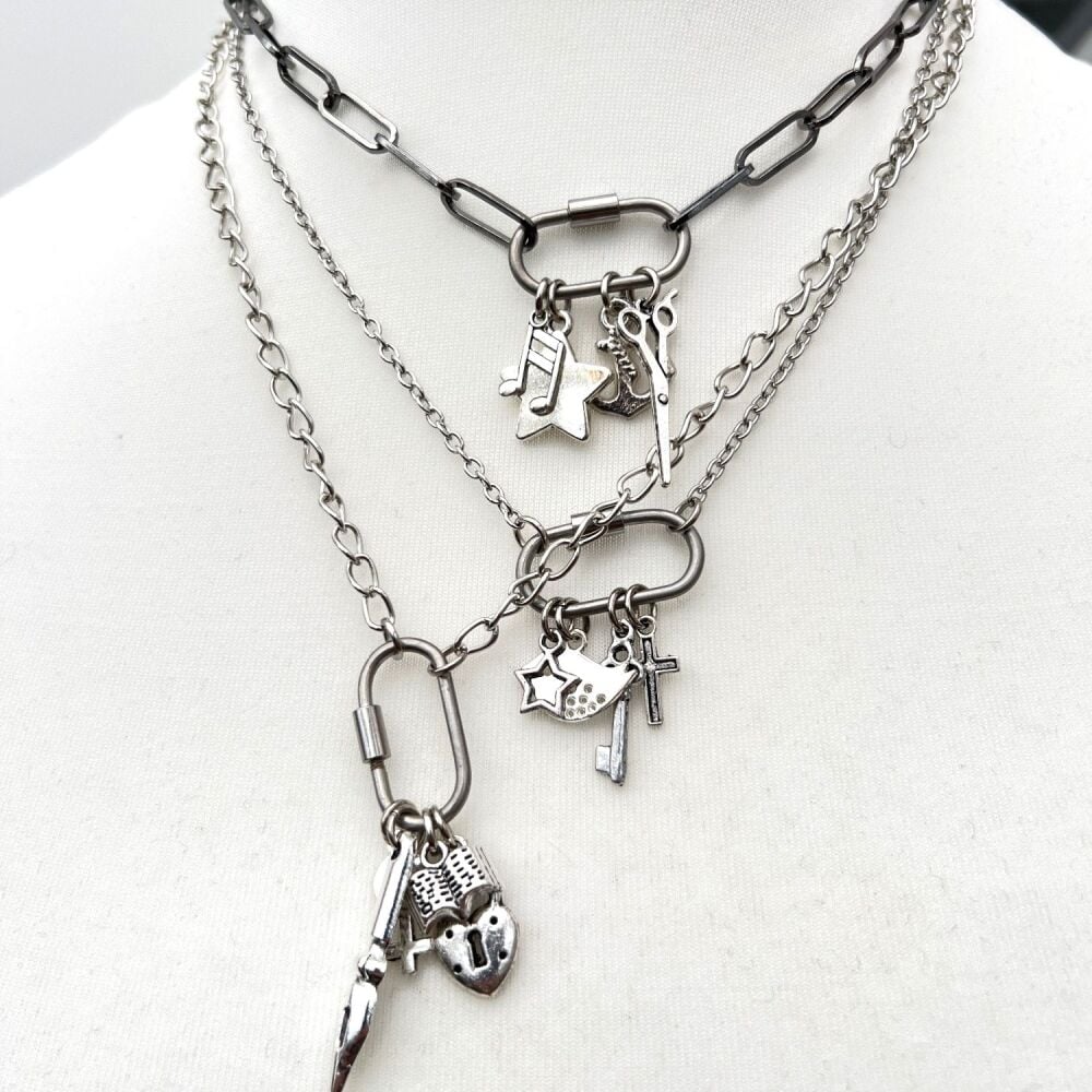 Custom charm carabiner necklace in silver CN111