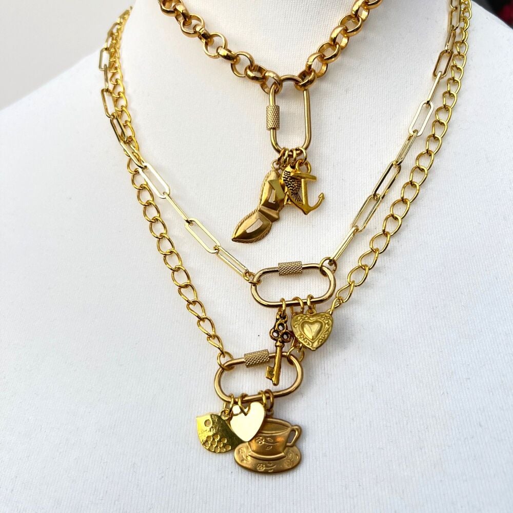 Custom charm carabiner necklace in gold and brass CN112