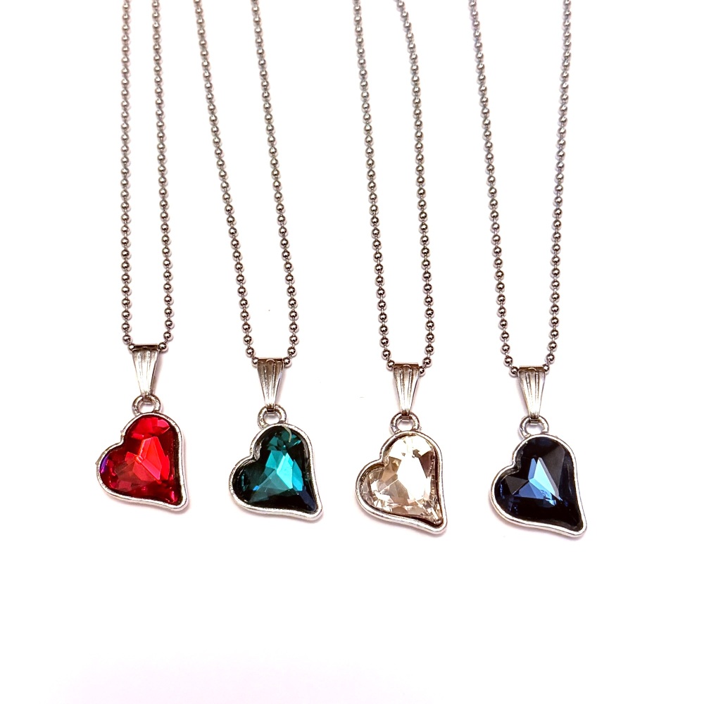Faceted glass heart charm necklace on silver tone stainless steel ball chain CN114