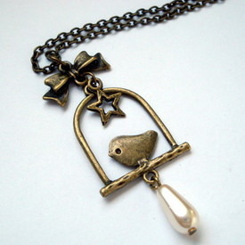 Vintage inspired bronze bird charm necklace VN047