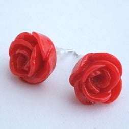 Vintage style red rose flower earrrings VE016