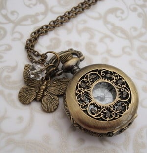 Vintage style pocket watch charm necklace in bronze VN051