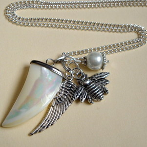 Mother of Pearl sharks tooth & angel wing charm necklace CN069