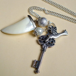 Mother of Pearl sharks tooth and key charm necklace CN070