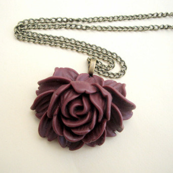 Wine cabbage rose necklace on bronze or silver chain