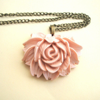 Pale pink cabbage rose necklace on bronze or silver chain
