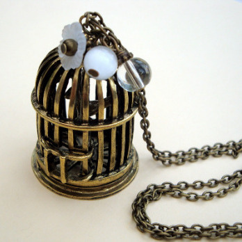 Vintage style antique bronze birdcage charm necklace - VN079