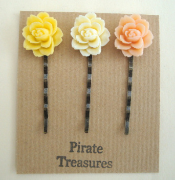 Vintage inspired three hair grip bobby pins with rose (set 2)