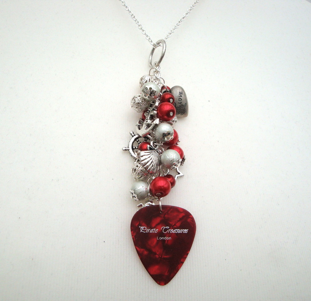 PN088 Pirate charm necklace with silver tone charms, guitar pick and beads in red and silver