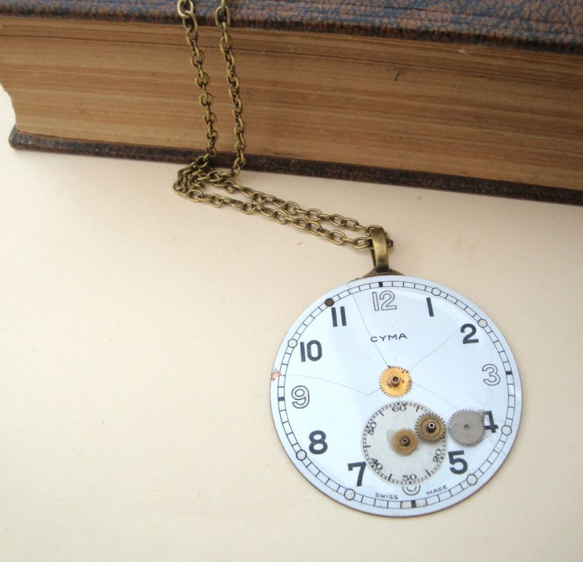 Steampunk necklace with pocket watch face and cogs SN099