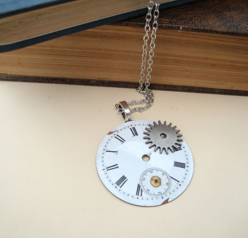 Steampunk necklace with vintage pocket watch face and cogs SN100