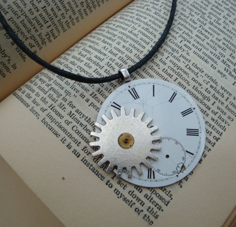 Steampunk necklace with pocket watch face and cogs on cord SN101