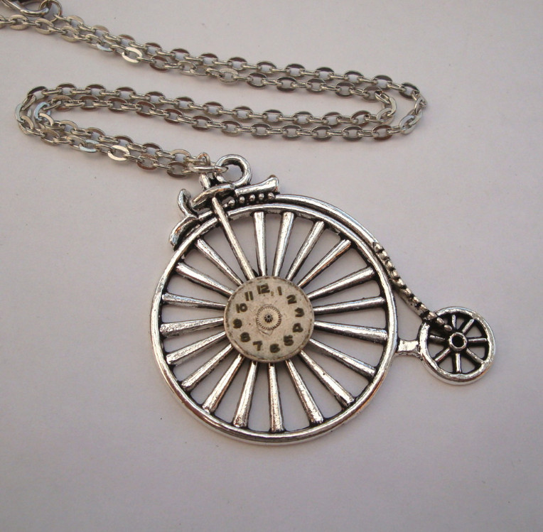 Steampunk necklace - Penny Farthing & vintage watch face in silver SN106