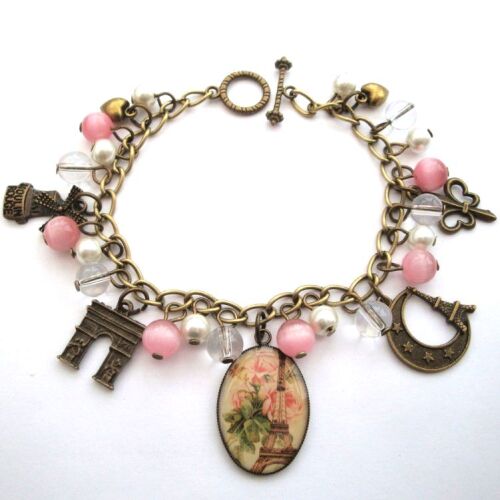 Paris Eiffel Tower charm bracelet in bronze and pink VCB026