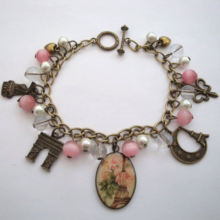Paris Eiffel Tower charm bracelet in bronze and pink VCB026