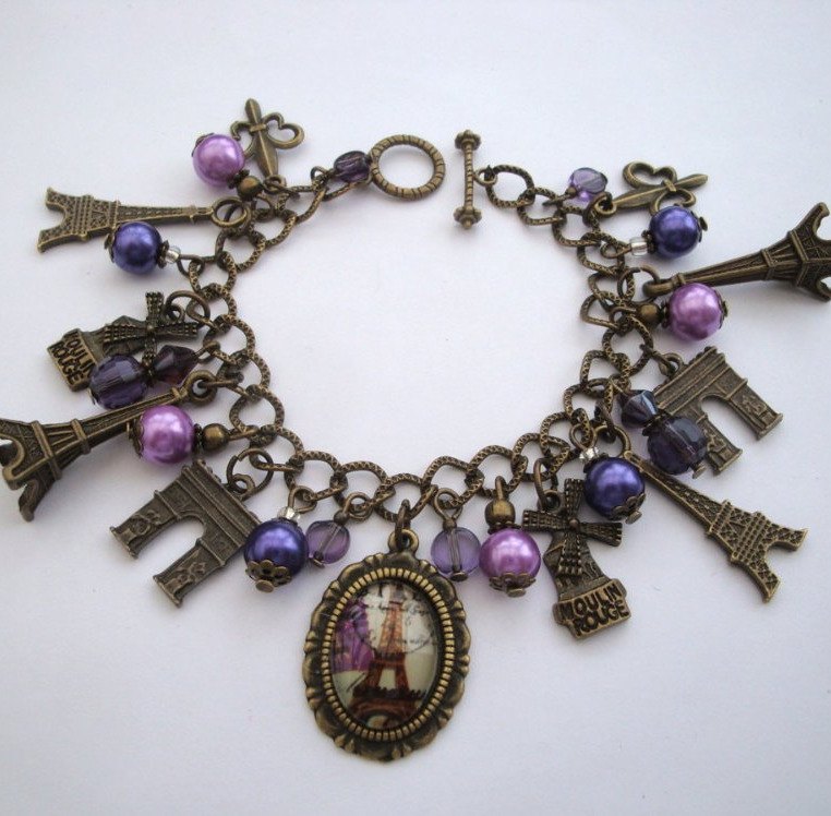 Paris Eiffel Tower charm bracelet in bronze and pink VCB027