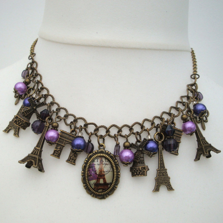 Paris Eiffel Tower charm necklace in bronze and purple VN110