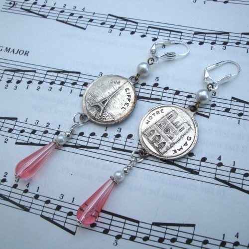 Vintage Paris charm earrings with pink teardrop